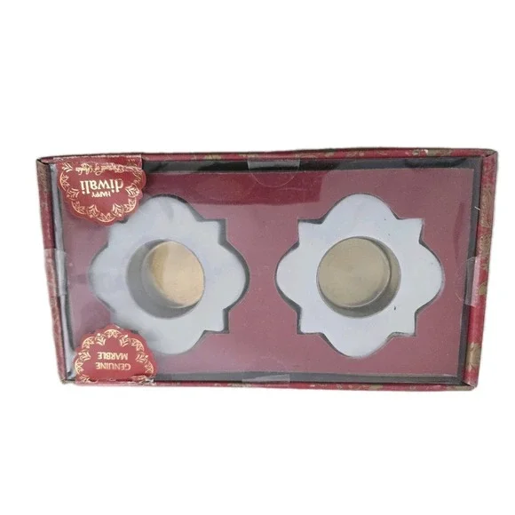 NIB Marble Brass Diwali Diya White Flower Tea Light Holder Minimalist stone deco