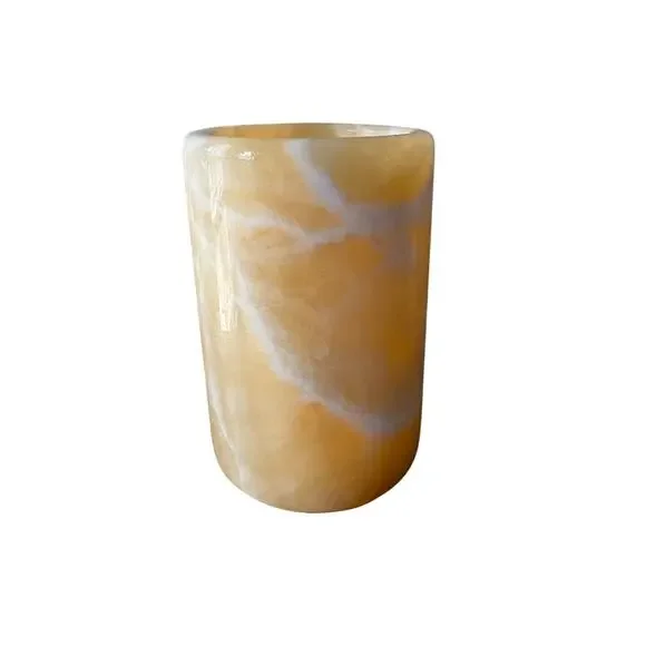 Vintage Banded Stone Candle Votive Holder Honey Yellow Alabaster Onyx 4.5”
