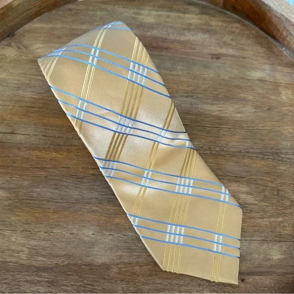Michael Kors Gold and Carolina Blue‎ Plaid Tie Silk Work Academic