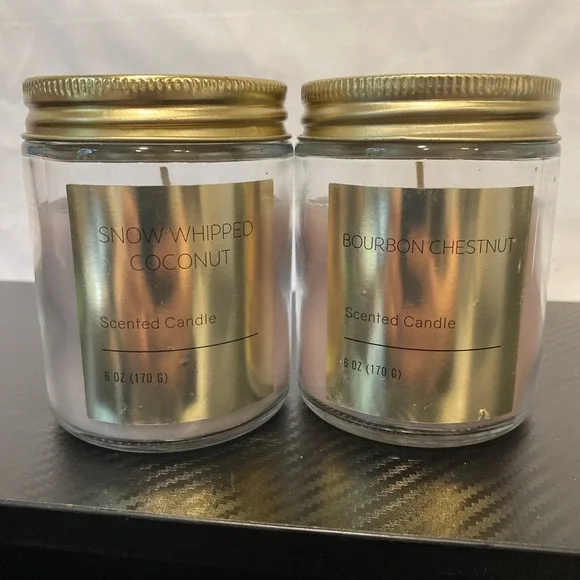 Set Of 2 Scented 6 oz Jar Candles Snow‎ Whipped Coconut & Bourbon Chestnut