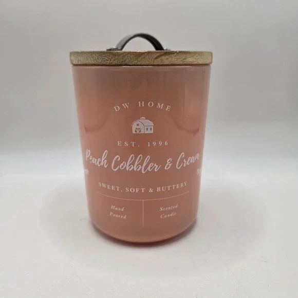 DW Home Peach Cobbler & Cream Scented Candle 15.1oz Wood Lid 2-Wick Farmhouse
