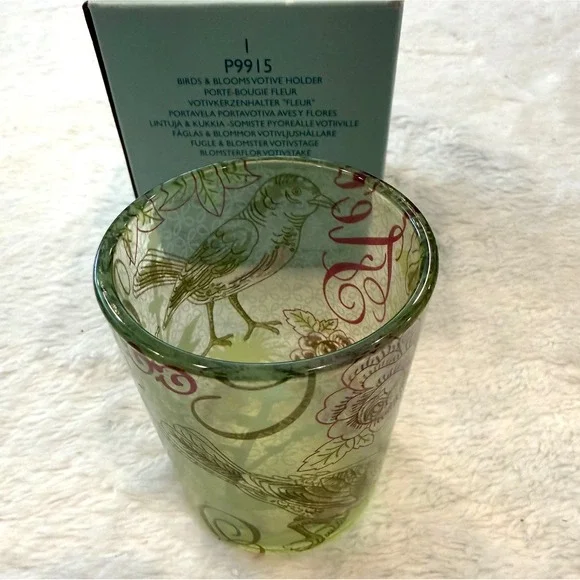 PartyLite Birds‎ & Blooms Votive Holder Green Glass Floral Bird P9915 3.5 Inch