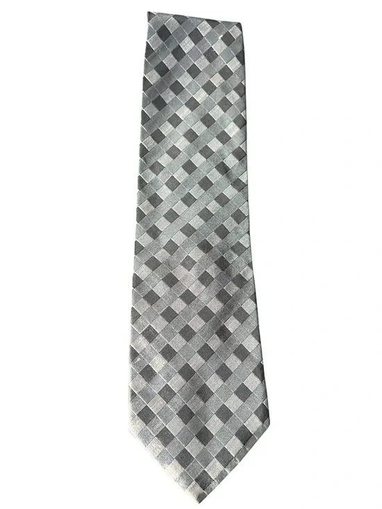 Donna Karan Silk Tie Gray Checkered Woven Pattern Luxury Mens Necktie