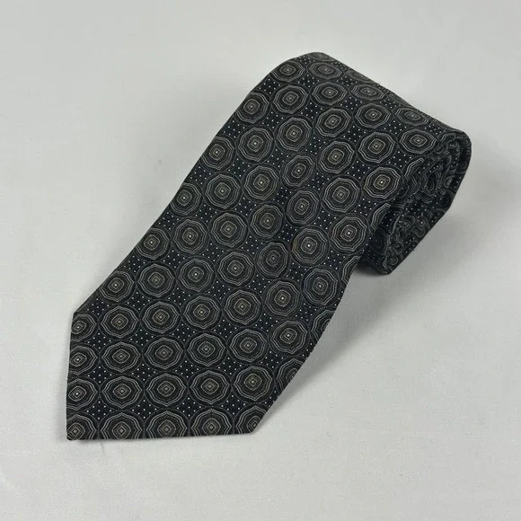 Canali Silk Tie Long Brown Black Geometric Medallion Made in Italy 3.5