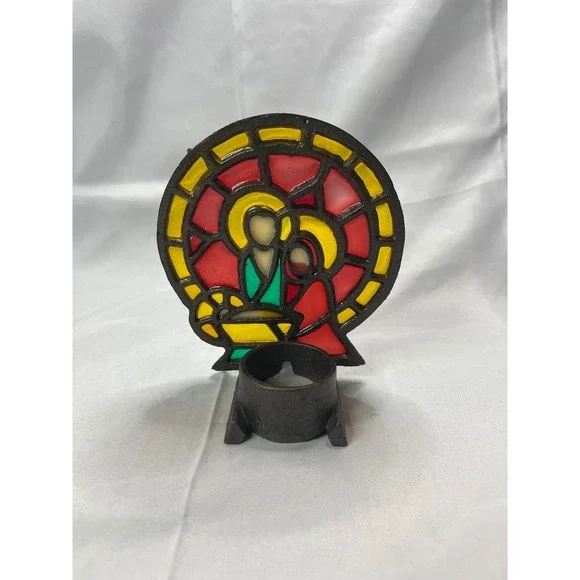 Vintage Stained Glass Holy Family Nativity Votive Candle Holder Cast Metal Decor