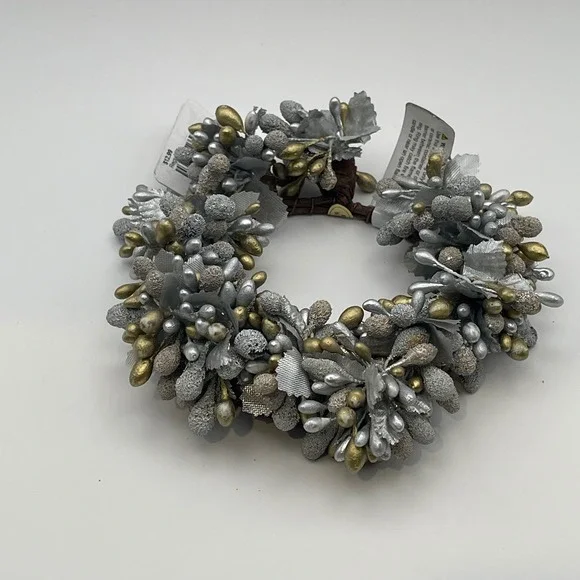 Raz Imports Silver Gold Glitter Berry Candle Ring Christmas Decor 6in NEW