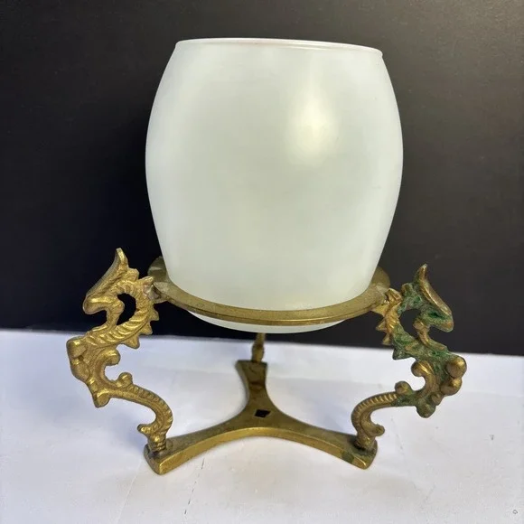 MCM Three Dragon Brass Etched Stand With Glass‎ Candle Holder Tripod India 7