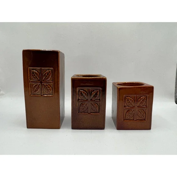 Ceramic Pillar Candle Holder Set 3 Brown Leaf Motif Glossy Rectangular