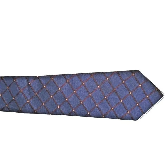 Perry Ellis Portfolio Mens Blue Silk Windowpane Tie Burgundy Gold Italian Fabric