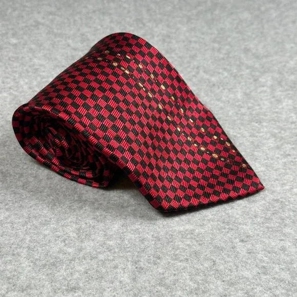 Kenneth Cole Reaction Red Black Check Silk Tie‎ Gold Detail 100% Silk