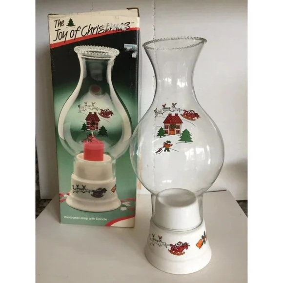 Brazil Glass Beaded Rim Hurricane Lamp & Ceramic Candle Holder Santa Sleigh XMAS
