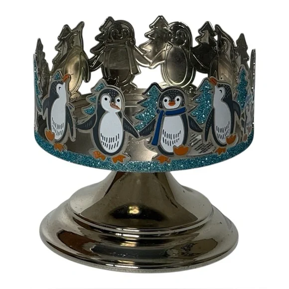 Bath &‎ Body Works Dancing Penguins Candle Holder Metal Pedestal 4