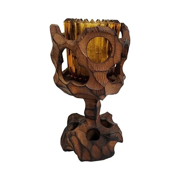 Vintage Hand Carved Brutalist Wood‎ Candle Holder Amber Glass Votive MCM 6.5in