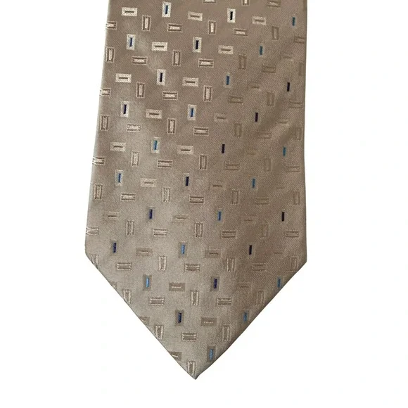 Gianfranco Ruffini Italy Mens Tan‎ Blue 100% Silk Tie Geometric Pattern Classic
