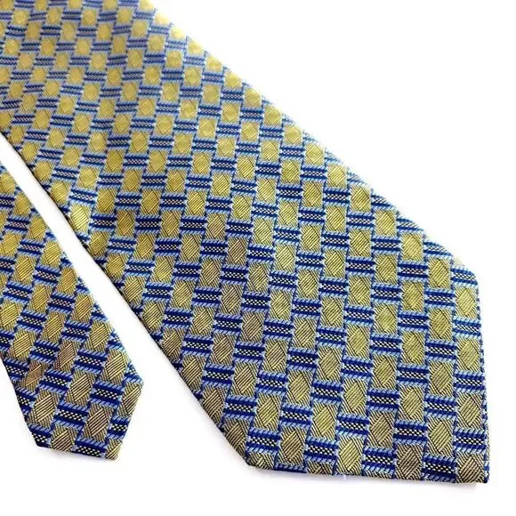 Jos A Bank Blue Yellow Woven Geometric Long‎ Silk Tie