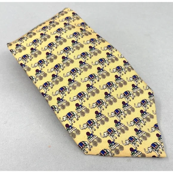 Brooks Brothers Tie Necktie Mens Yellow Silk Elephant Circus Novelty‎ VTG USA