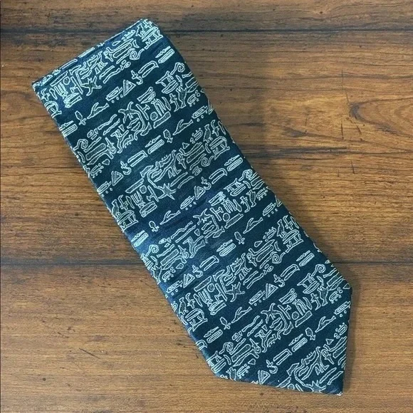 ERMENEGILDO ZEGMA Men Navy Black White Silk Hieroglyphics Necktie Made‎ in Italy
