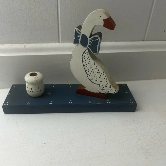 Vintage 80s Giftco Wooden Duck Goose‎ Candle Holder Kitschy Farmhouse Blue White