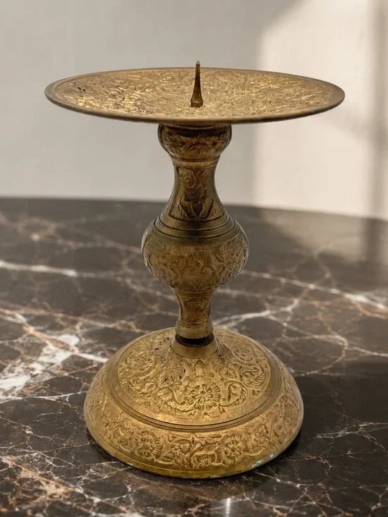 Vintage Ornate Brass Candle Holder Floral Engraved Pedestal Candlestick 5.5