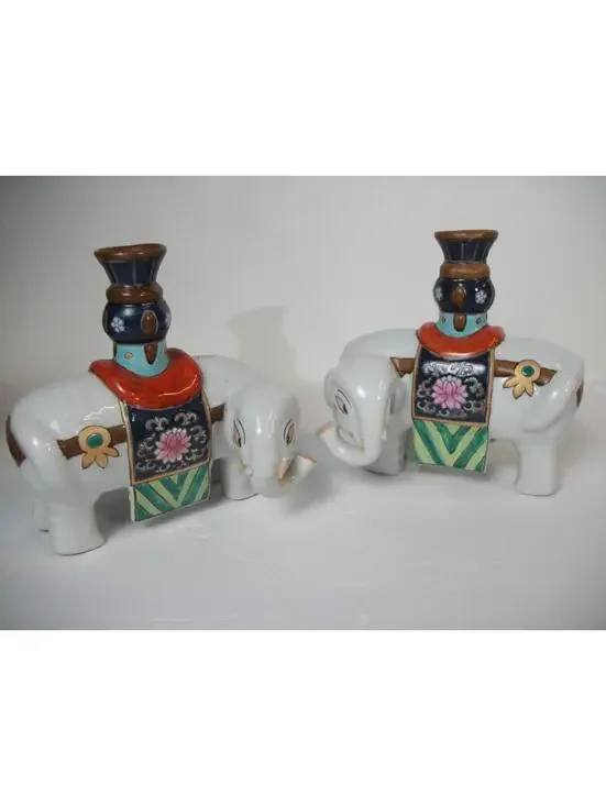 Vintage Pair Of 1970s Chinoiserie Ceramic Porcelain Elephant Candleholders