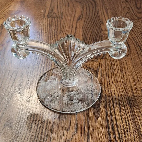 Tiffin Franciscan Cherokee Rose Etched Double Candleholder‎ Taper GORGEOUS!