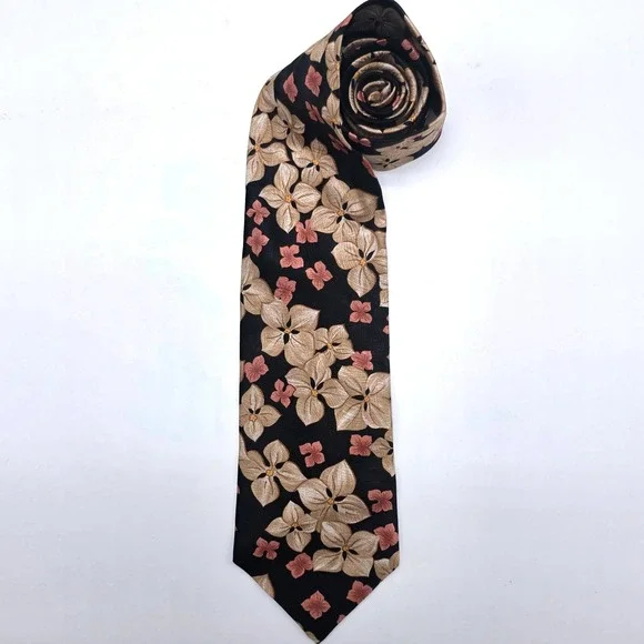 Rudy T Houston Mens Silk Floral Tie‎ Black Champagne Coral Hand Finished Spain