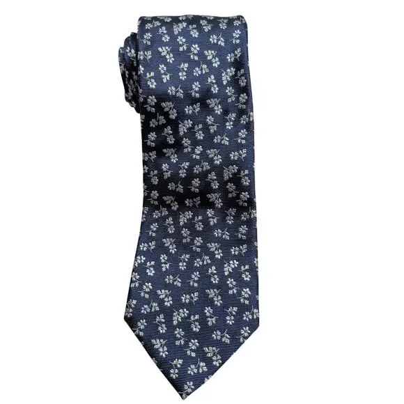 Paul Fredrick 100% Silk Men's Neck Tie Navy Blue Silver Floral Hand Made Italy