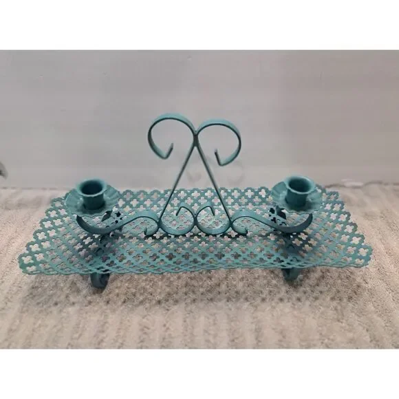 Vintage‎ Mid Century Turquoise Metal Mesh Candle Holder