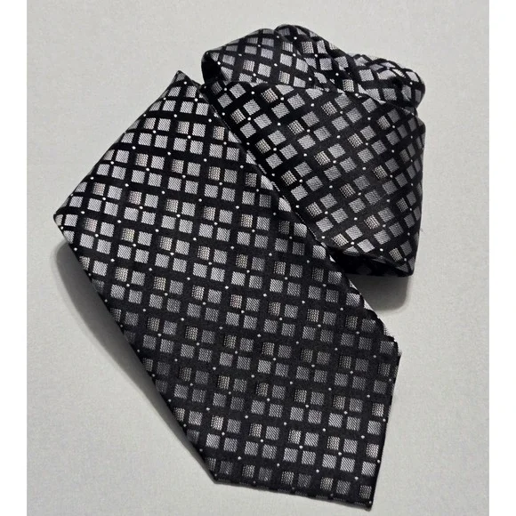 John Ashford Necktie Silk Stain Resistant Geometric Black Grey 3.5x61