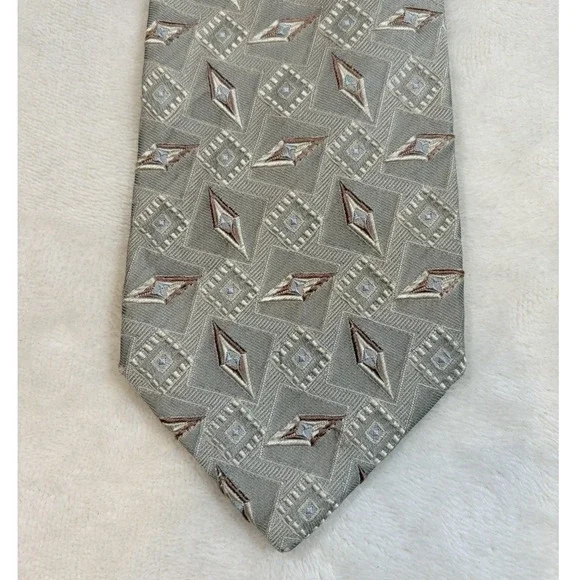 Ermenegildo Zegna Men's Geometric Beige Brown White 100% Silk Satin Tie‎