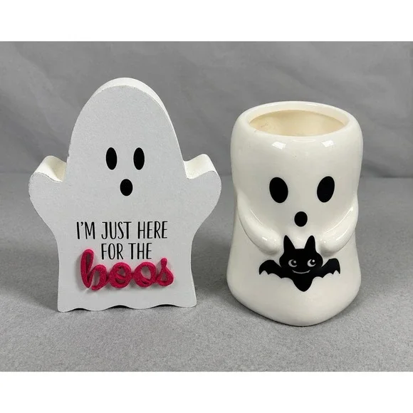 Halloween Ghost Decor Set of 2 Boo Sign & Celebrate Together Ghost Candle