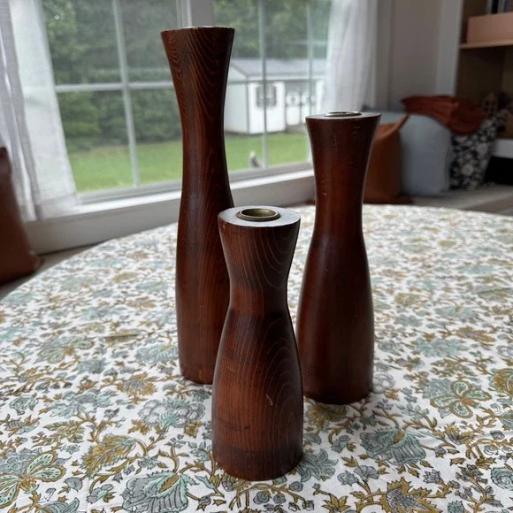 Edwin F Dalstrom Handcrafted Wood Candle Holder Set 3 Mid Century Modern Taper