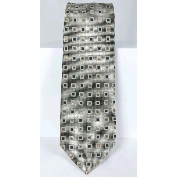 Peacock Men's Silk Tie Geometric Pattern Tan‎ Black Beige Handmade 3
