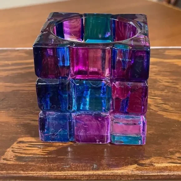 Colorful Cube Glass Votive Candle Holder Pink Blue Purple