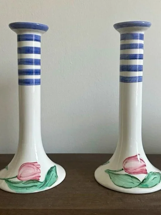 Pair 1988 Vietri Italian Art Pottery Tulip Candlesticks 8.5