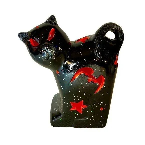 VTG Halloween Black Orange Ceramic Cut Out Glitter Cat Tealight Holder Decor