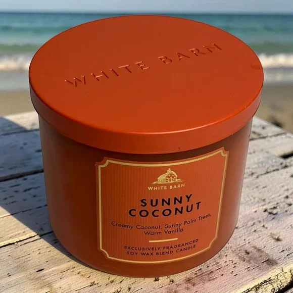 White Barn Bath & Body Works Sunny Coconut 3 Wick Scented Candle  14.5 oz lid