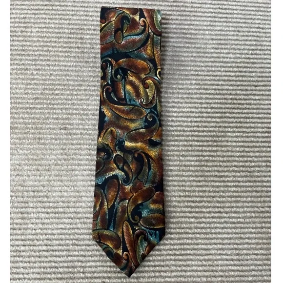 Hunting Horn J Riggins Mens Silk Tie Abstract Paisley Gold‎ Teal Made in USA