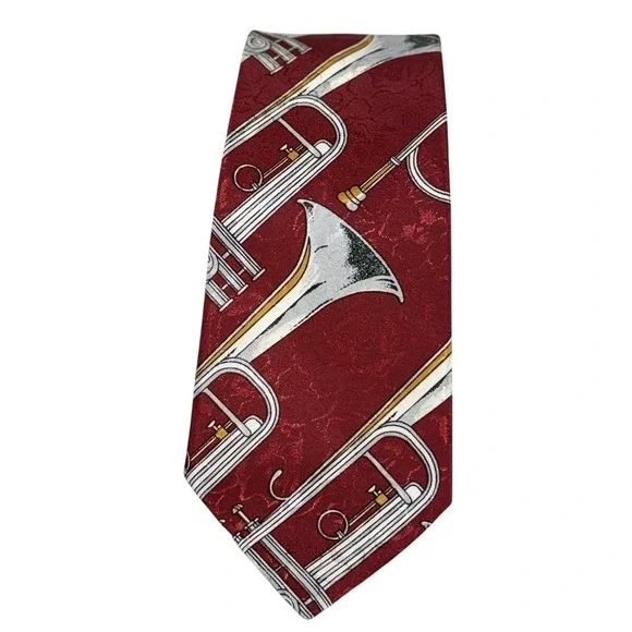 Renaissance Men's Handmade Woven Polyester Tie Red Trumpet Music Pattern 56