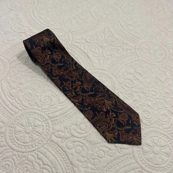 Polo Ralph Lauren Mens Silk Paisley Tie Navy Blue Red Gold Made in USA Hand Made