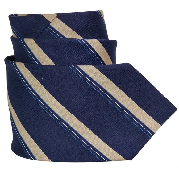 Cambridge Uomo Necktie Men's Navy Blue Tan Striped‎ Repp Silk Italy