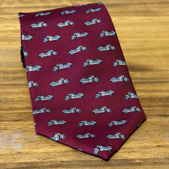 STRUCTURE Mens Burgundy Silk Motorcycle Print‎ Neck Tie Made in USA