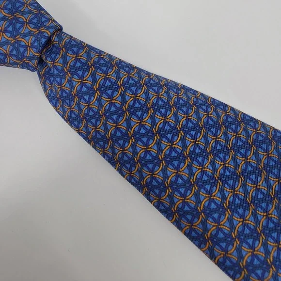 Castangia‎ Silk Geometric Ring Print Necktie Mens Blue Orange Made in Italy