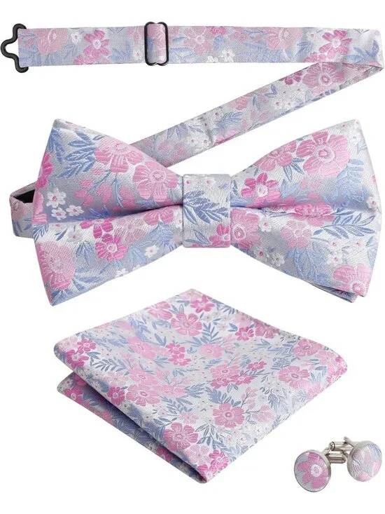 Floral Pattern 3-Piece Men's Bow Tie Set with Pocket Square & Cufflinks