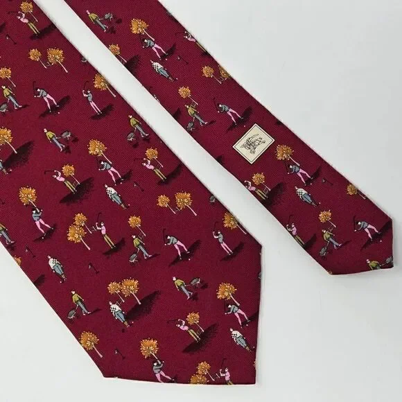 BURBERRY LONDON SILK TIE RED BURGUNDY AUTUMN FALL GOLF PATTERN 3.75