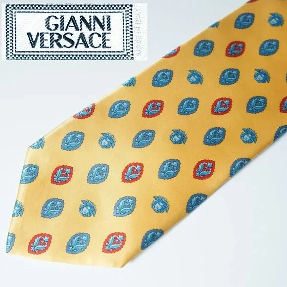 Gianni Versace Vintage Neck Tie Yellow Gold Medallion Logo Pattern