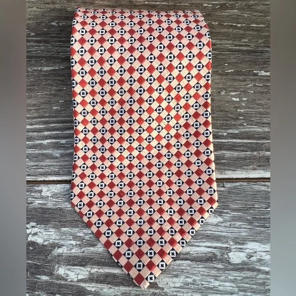 Tommy Hilfiger necktie vintage men’s tie peach blue squares‎ pattern print silk