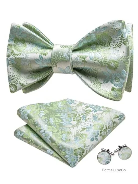 Silk Blend Self Tie Bowtie with Pocket Square and Cufflinks Set for Weddings