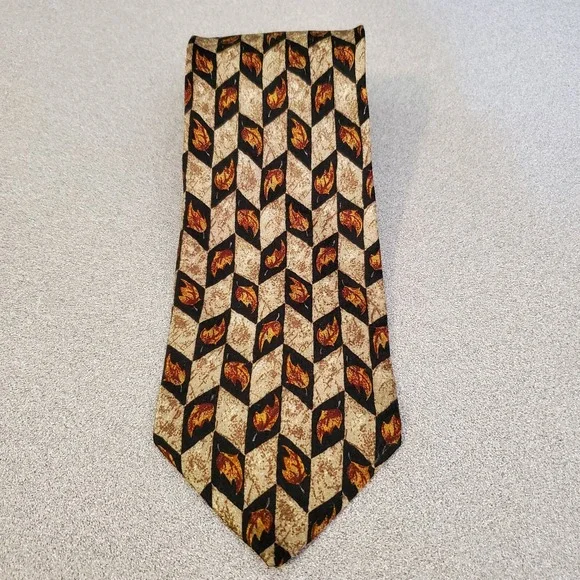 Canali Silk Necktie Mens Geometric Harlequin‎ Leaf Pattern Brown Tan Gold Italy