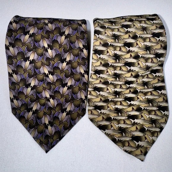 Karen Bierce Nature Conservancy Silk Tie Lot 2 Fruit Bat Dusky‎ Shark Vintage